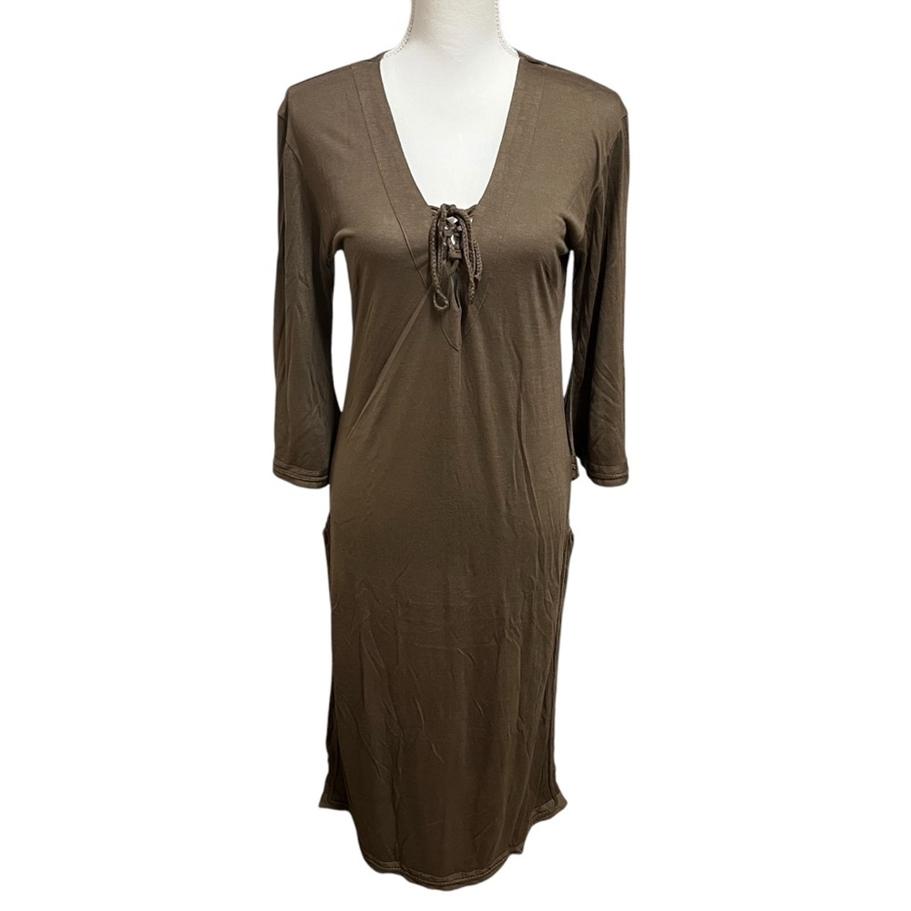 Letarte Jersey Braid Long Tunic Dress Lace Up Side Slits Taupe Size Large NWT